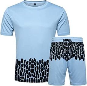 Men's Casual Crack Pattern Suits Fashion Short Sleeve T-Shirt And Shorts Loose Two-Piece Sets - Blue-S