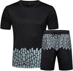 Men's Casual Crack Pattern Suits Fashion Short Sleeve T-Shirt And Shorts Loose Two-Piece Sets - Black-M