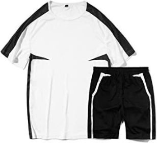 Men's Casual Splicing Printed Suits Short Sleeve Shorts Loose T-Shirt Sport Suits - WHITE-M