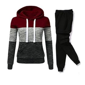 Women Tracksuit 2 Pieces Set Winter Hoodies+Pants Set Patchwork Pullover Sweatshirt Female Sport Suit Outfits for Woman Clothing - Burgundy - L
