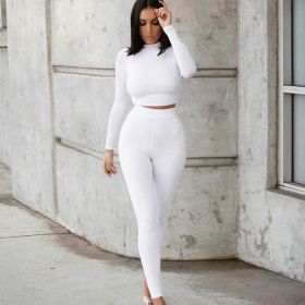 fashion tracksuit women turtleneck full sleeveless crop top+leggings matching set stretchy sporty fitness casual outfits - White - XS