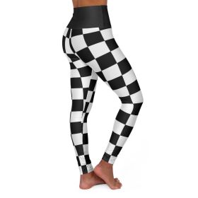 High Waisted Yoga Leggings, Black And White Checker Style Fitness Pants - M