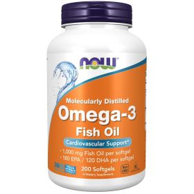 NOW Supplements, Omega-3 180 EPA / 120 DHA, Molecularly Distilled, Cardiovascular Support*, 200 Softgels - NOW