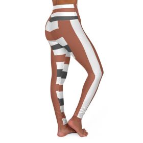 High Waisted Yoga Leggings / Brown And Grey Stripe Fitness Pants - L65417 - XS