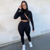 fashion tracksuit women turtleneck full sleeveless crop top+leggings matching set stretchy sporty fitness casual outfits - Black - XS